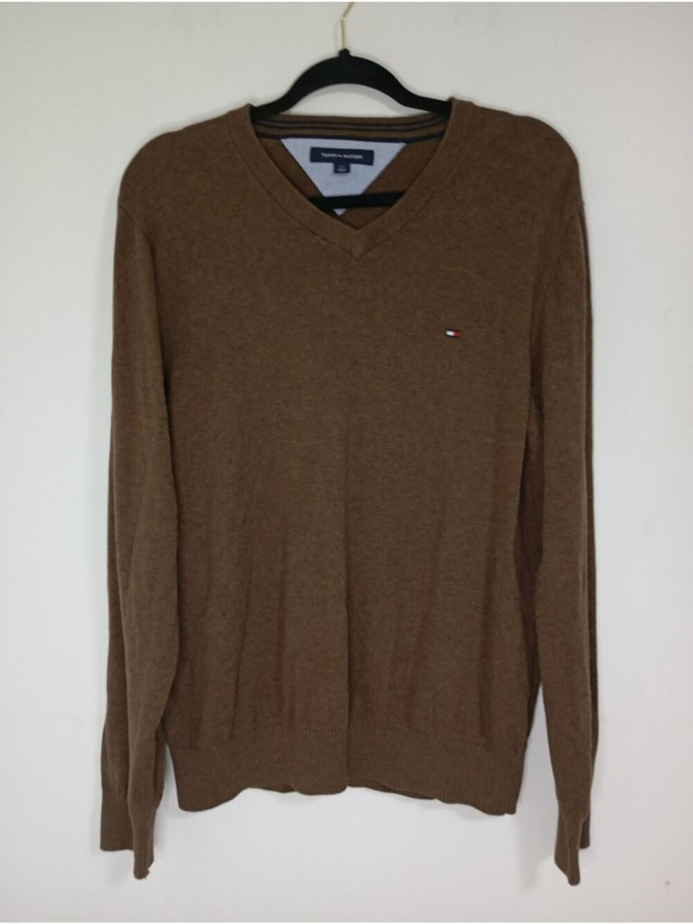 Tommy Hilfiger Sweater Mens Size L Brown V-Neck Long-Sleeve 100% Cotton